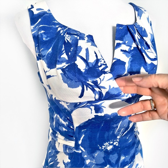 ADRIANNA PAPELL BLUE WHITE FLORAL SHEATH SLEEVELESS LINED KNEE LENGTH DR… - Picture 6 of 16